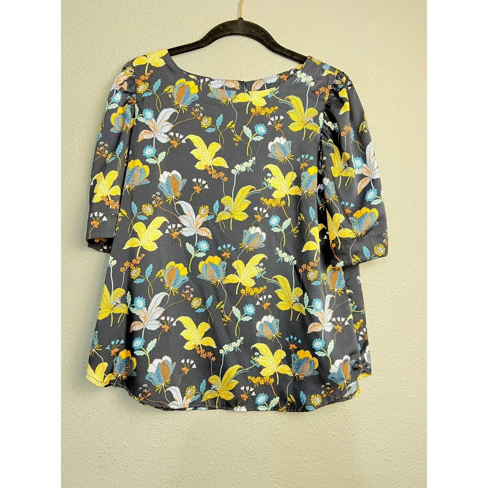 LOFT Womens Navy Blue Floral Puff 3/4 Sleeve Blouse Top Small Career Spring